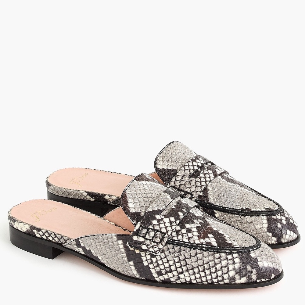 J.Crew Academy Penny Loafer Mules in Snake Embossed Leather